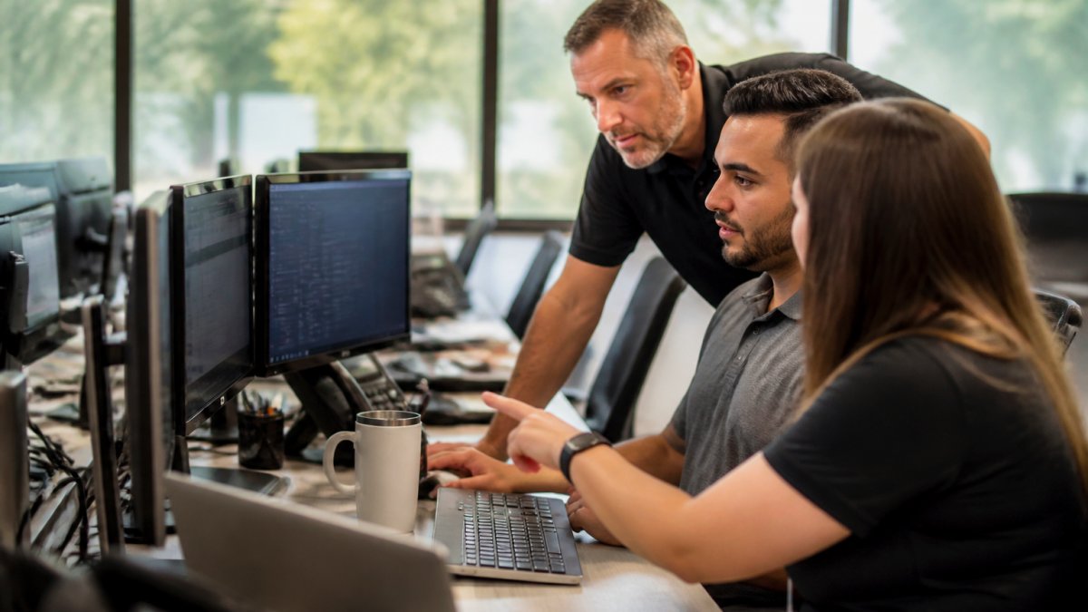Professional IT team members collaborating at desk with multiple monitors displaying system dashboards, security alerts, and network performance metrics in modern office with natural lighting