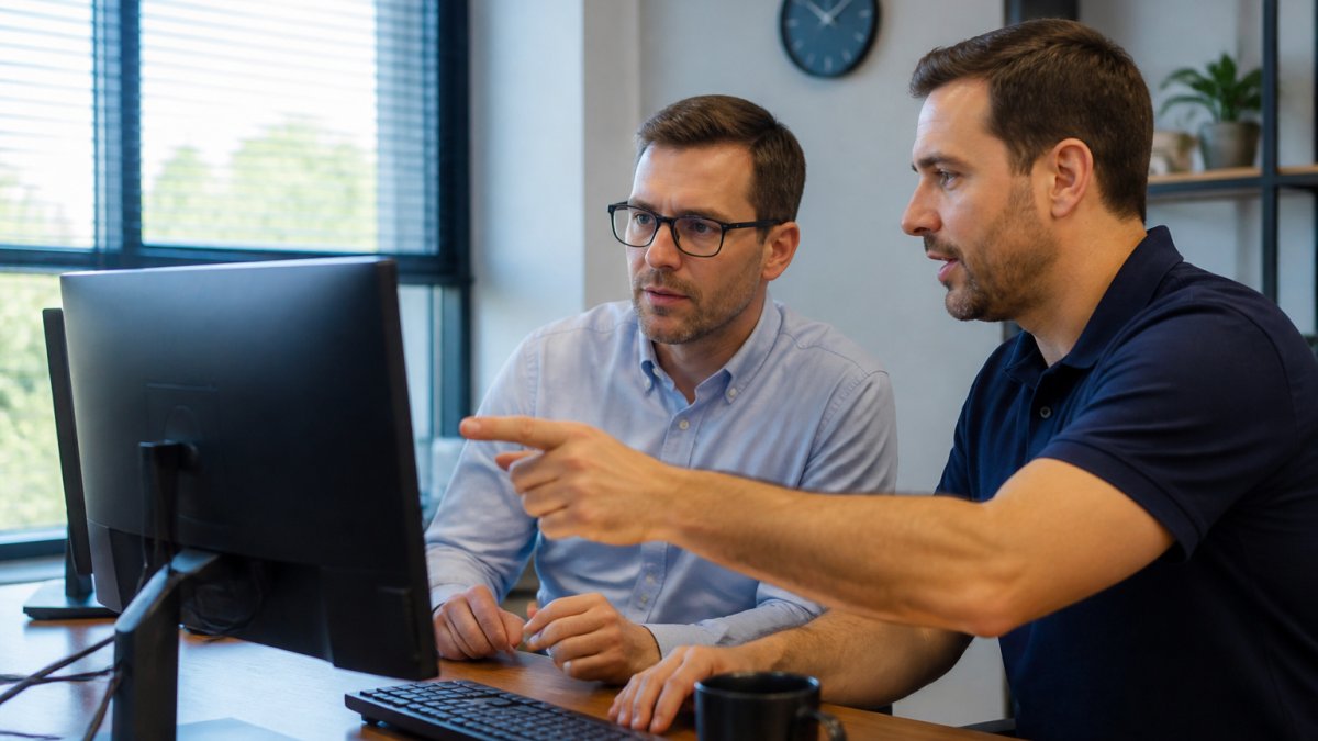 Small business owner and IT support technician reviewing system monitoring dashboards and performance metrics on a desktop computer in a modern office environment with natural lighting