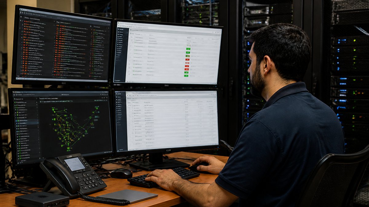 How to Prevent Network Downtime in 2026 1 IT professional monitoring real-time network status dashboards to prevent network downtime in a server room.