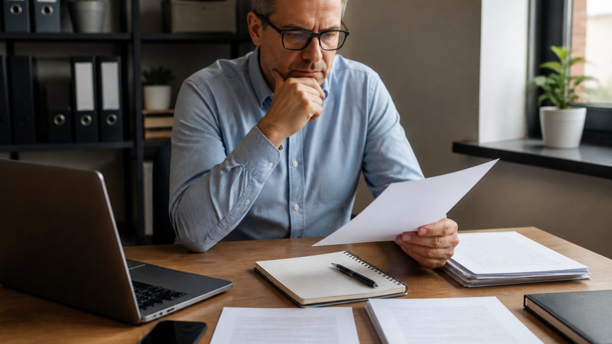 Business owner reviewing documents and notes on a desk with a laptop, phone, and notepad visible, appearing focused and evaluating options