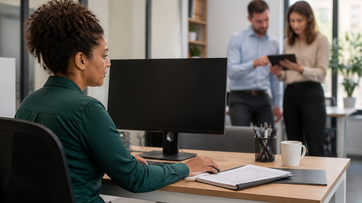 Nonprofit staff member at desk monitoring security alerts on computer screen with padlock icon visible, colleagues collaborating in background of modern office with natural lighting