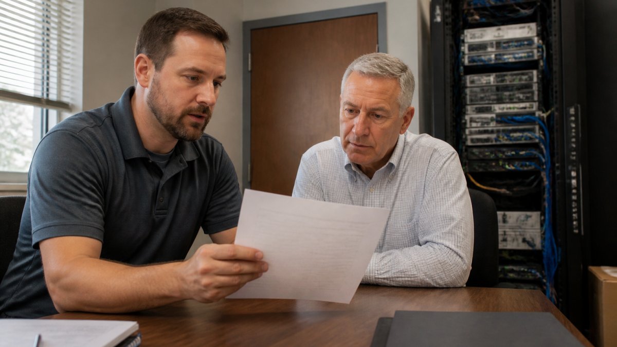 An IT consultant and a business owner reviewing a printed system inventory checklist together at a desk, with an open server rack visible in the background of a small office