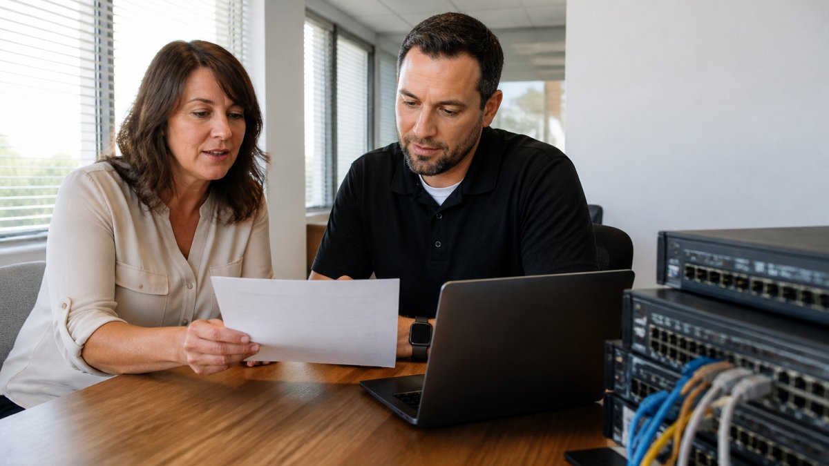 Office manager and IT consultant reviewing a flat rate IT service agreement in a bright Dallas office